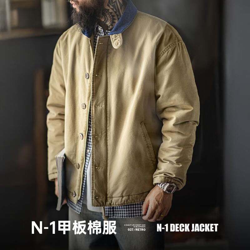 马登工装美式复古N1甲板棉服男士短款棉衣春冬棉袄立领夹克外套男款 旧卡其 （洗褪版） M