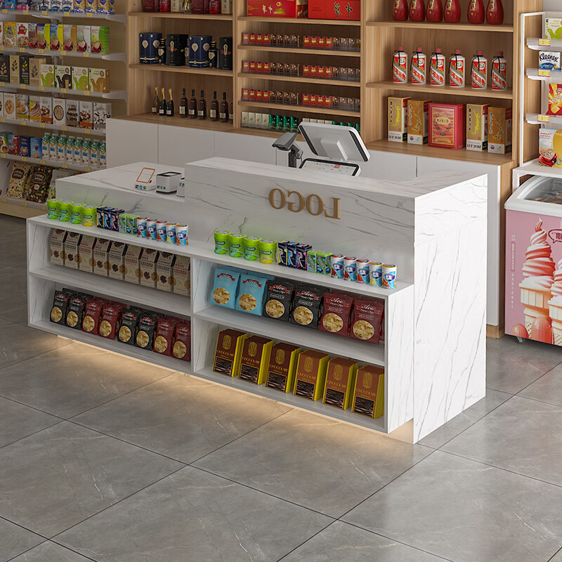 歐會(huì)（OUHUI）超市零食店便利店收銀臺(tái)柜臺(tái)桌小型商鋪母嬰藥店吧臺(tái) 全白理石紋【左高+前置儲(chǔ)物層】+氛圍燈 200x60x90cm