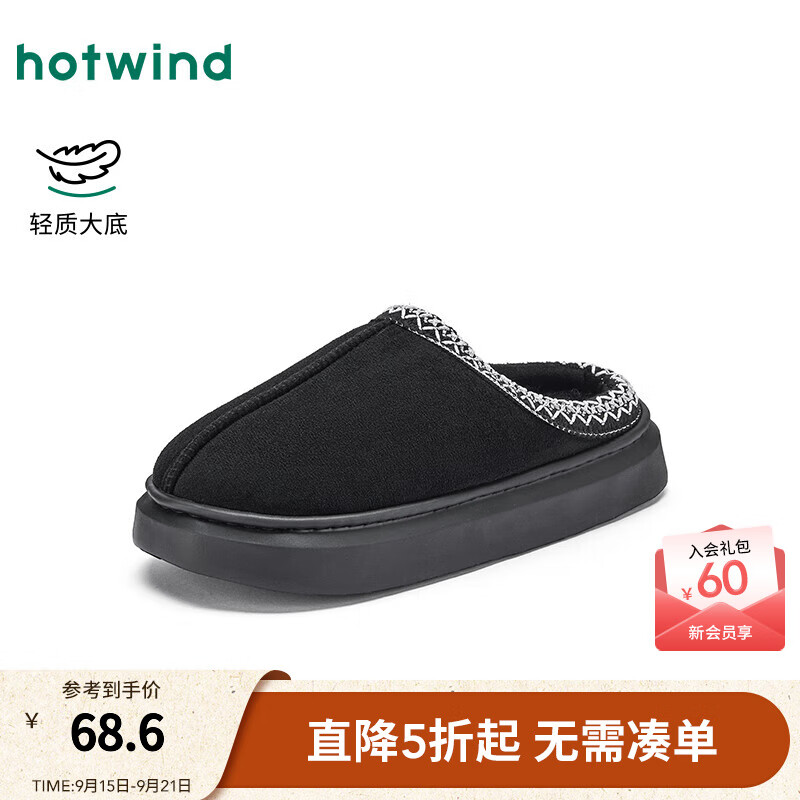 热风【商场同款】男鞋厚底加绒保暖拖鞋2025年新款冬季男士休闲家居鞋 01黑色 40-41 S