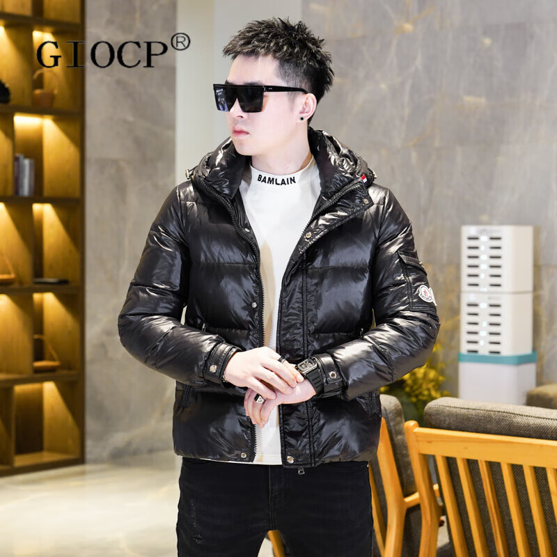 GIOCP香港潮牌简约短款羽绒服男士冬装黑色修身90白鸭绒加厚潮流外套男 黑色 M