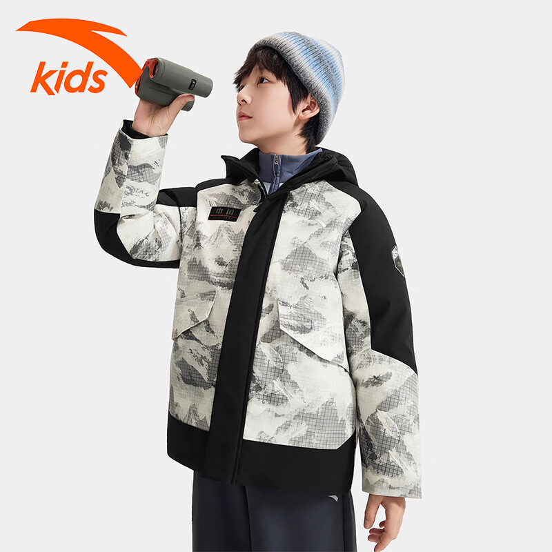 安踏儿童羽绒服秋冬冰甲热反四防科技男童保暖加厚御寒男大童鸭绒外套 黑色雪山满印-中国标【舒适蓄温保暖】 130