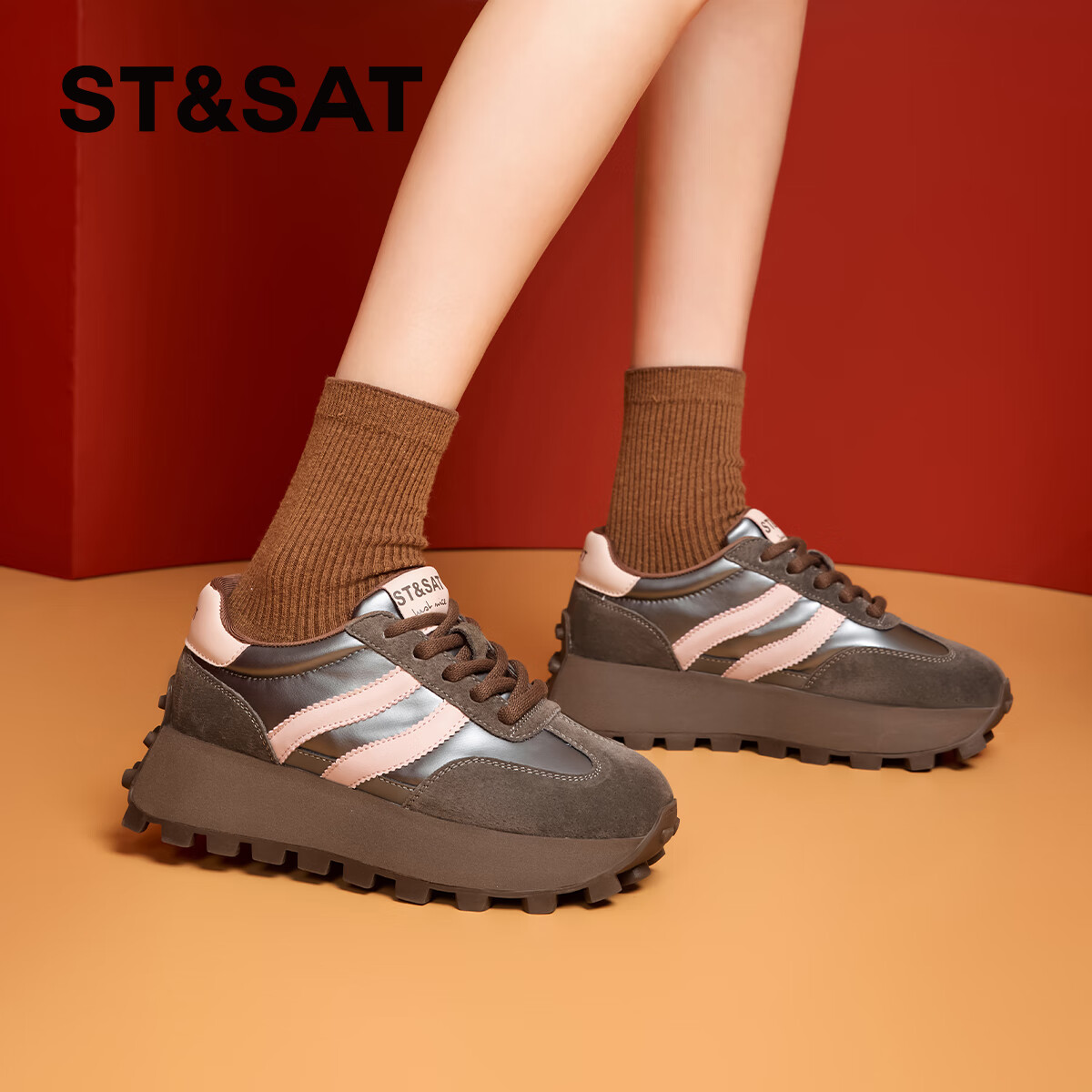 星期六酷时尚休闲鞋2025秋季新款百搭系带轻便小个子女士老爹鞋 粉色 36