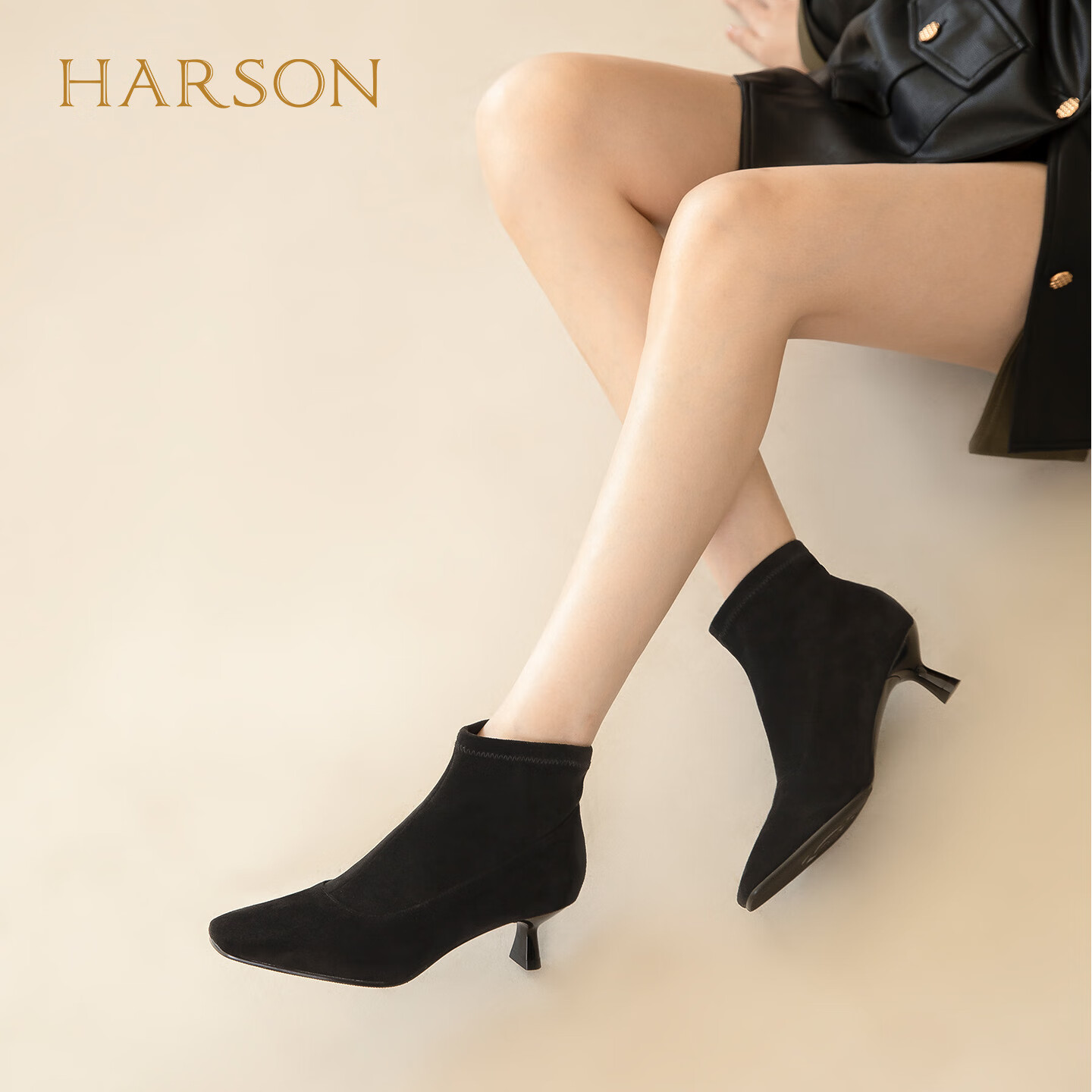 哈森时尚瘦瘦靴女2025冬季新款复古百搭细高跟方头短靴HWA250101 黑色 织物 34