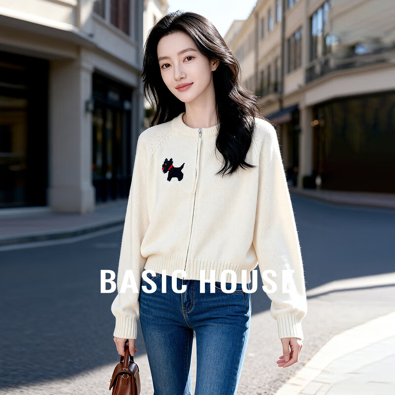 百家好（Basic House）Basic House/百家好小狗提花开衫毛衣女2025秋装新款减龄百搭外套 白色 M