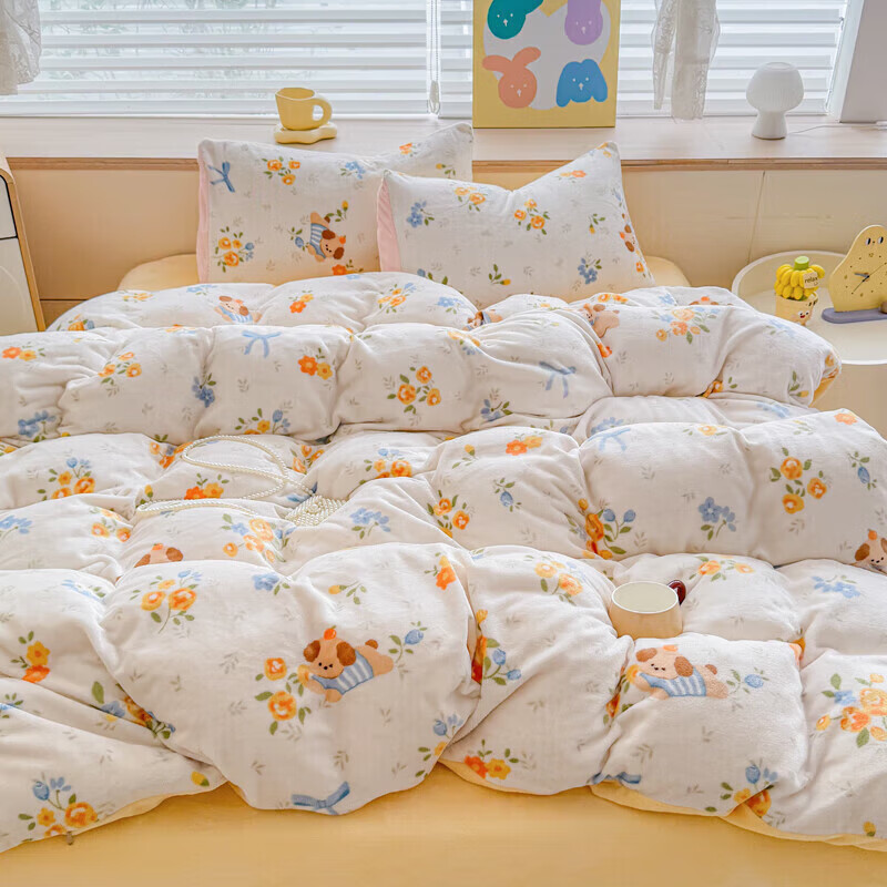 软贝小清新牛奶绒床上四件套保暖毛绒床单被套学生宿舍秋冬款三件套 布布萌宠 床单款 2.0m  被套200*230cm 四件套