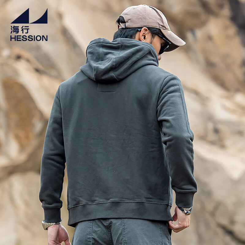 海行抓绒衣多口袋拉链开衫卫衣男秋冬季加厚保暖连帽休闲运动外套 深灰色 M