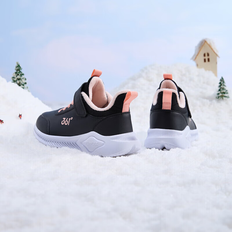 361°儿童运动鞋男童跑鞋秋冬棉鞋轻便魔术贴女童皮革加绒保暖跑步鞋 【皮革加绒】碳黑/日落粉色 35
