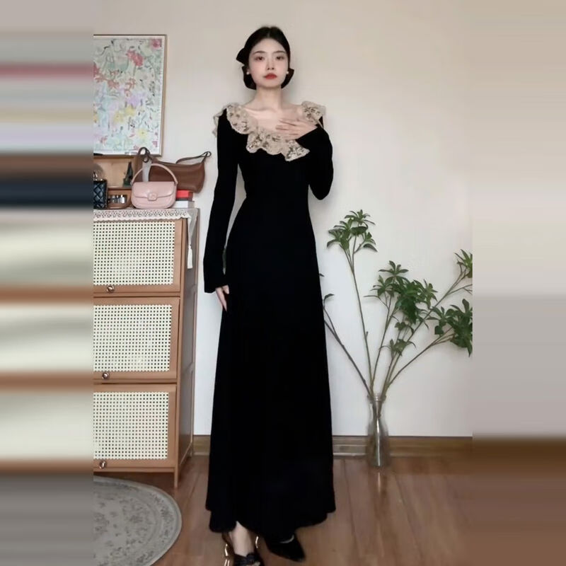 小红书同款法式赫本风黑色针织长袖连衣裙子女早秋季2025新款巨好 黑色出席重要场合的裙子简单大方感大方得体绝美巨好看 S 4045kgS