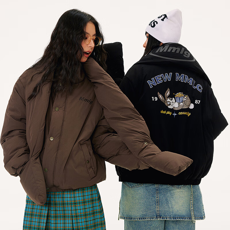 Mmlg 87mm 小立领棉服女男2025年冬宽松可拆卸围巾收袖口防风保暖棉衣 棕色 S