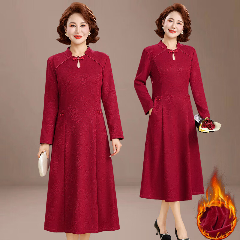 孜颜中老年女装连衣裙50-60岁洋气妈妈装裙子喜婆婆婚宴装2026新春装 9369酒红 加绒 XL 【建议80-105斤】