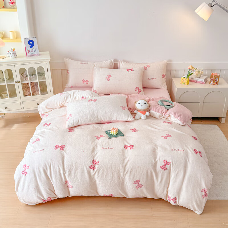 软贝小清新牛奶绒床上四件套保暖毛绒床单被套学生宿舍秋冬款三件套 蝴蝶结 床笠款 1.8m  被套200*230cm 四件套