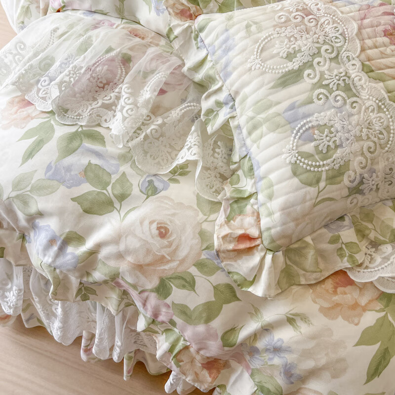 诸禄小清新田园风全棉床裙四件套纯棉小碎花床罩被套带裙边全包防滑尘 浅夏花开 床单款 2.0x2.2四件套被套220x240