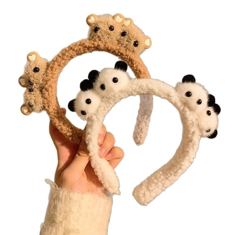 加恩倍可爱毛绒熊猫洗脸发箍搞怪创意鹿角玩偶洗脸头箍小熊化妆盘发发饰 4只白色小熊猫发箍两个