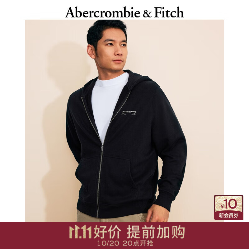 Abercrombie &amp; Fitch男装女装情侣装25春秋毛圈布LOGO宽松连帽卫衣外套122-5254 黑色 S (175/92A)
