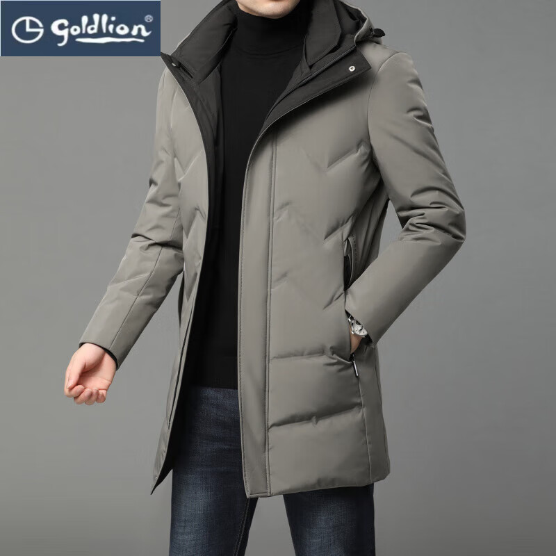 GOLDLION G+金利来冬季白鸭绒男士羽绒服中长款连帽防寒外套男秋冬季保暖加厚 虾青 4XL 195