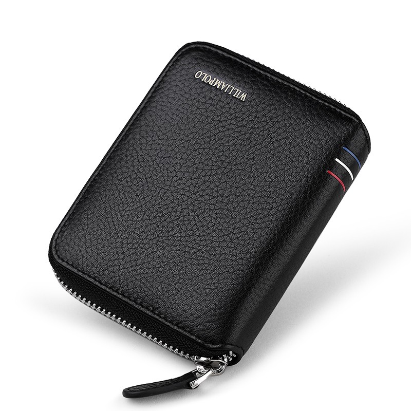WILLIAMPOLO英皇保罗竖短款钱包拉链男士小巧加厚经典头层牛皮10卡位皮夹钱夹 黑色配专柜礼盒 防盗刷版（可装驾照）