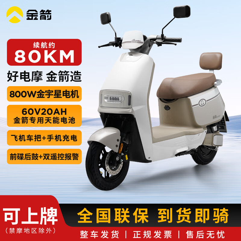 金箭天路RZ300长续航电动摩托车高弹座垫长续航舒适实用电动车 米雾白/前碟后鼓/800W电机 60V20AH铅酸电池