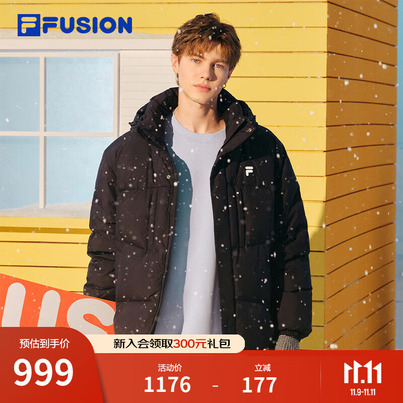 FILA FUSION斐乐潮牌情侣款羽绒服2025冬季新款宽松保暖连帽外套 正黑色-BK M 170/92A/M
