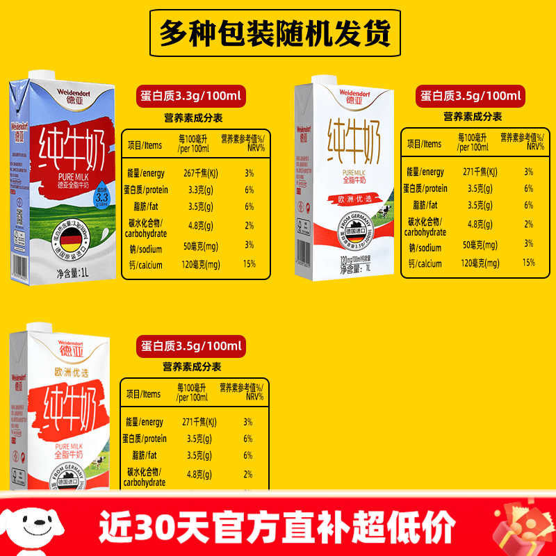 德亞全脂純牛奶1L12盒整瓶裝兒童奶 全脂純牛奶1升裝 1盒