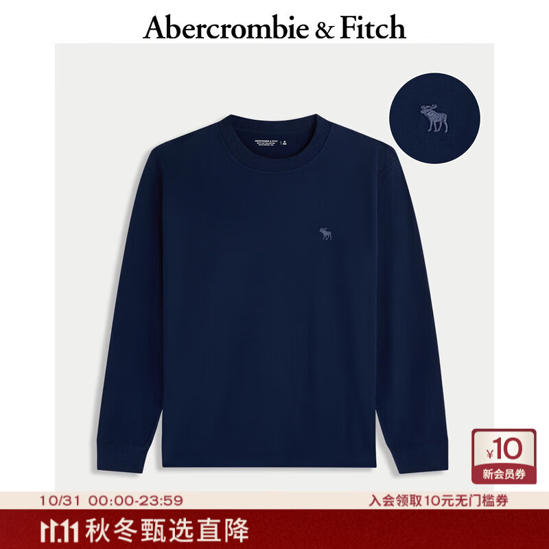 Abercrombie & Fitch经典小麋鹿图案男装25秋冬新款棉质宽松圆领长袖T恤124-5565 海军蓝 M (180/100A)