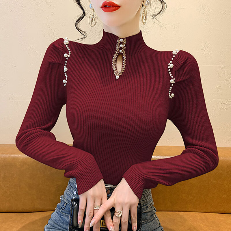 香影芬毛衣女款钉珠镂空半高领针织衫女秋冬气质设计感修身冬季长袖上衣 驼色 S (建议95斤以内)