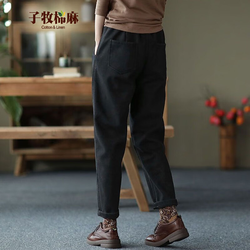 子牧棉麻2025秋冬装 女加绒加厚裤子休闲裤松紧腰加绒哈伦裤时尚长裤8456 8455黑色加绒 2XL (建议135-145斤)