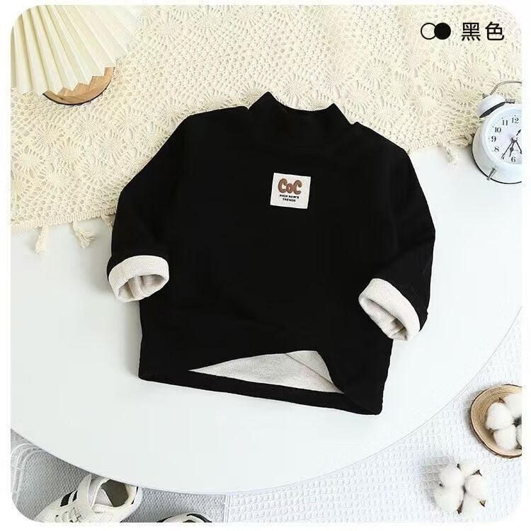洛之潮儿童秋冬保暖打底衫男女童半高领宝宝保暖上衣T恤内搭中厚厚款 黑色CoC 打底衫 S391 90 建议身高80厘米
