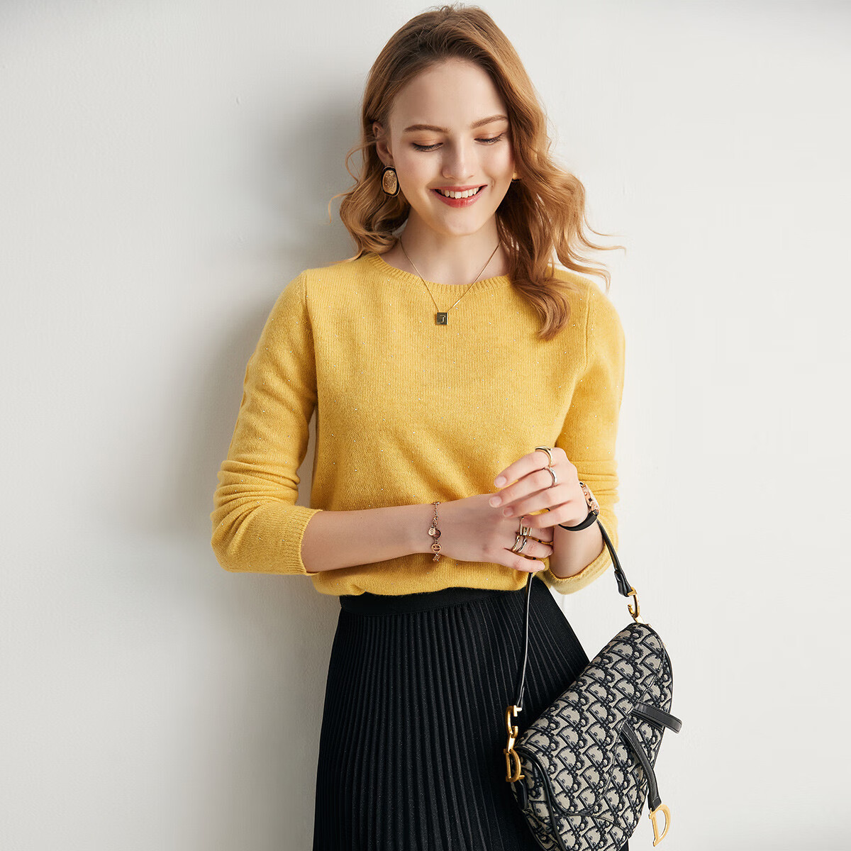 帕罗（PALUOPO）100%纯羊绒秋冬2025新款圆领纯色套头针织打底衫毛衣ET20008R 花黄 M 160/100