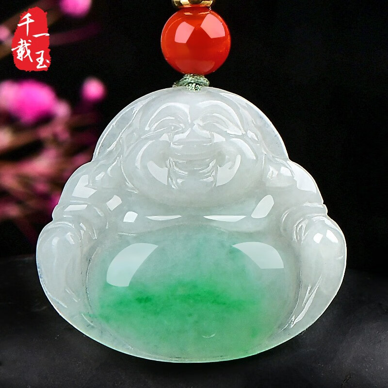 千载一玉 冰种翡翠玉佛吊坠 女士飘花冰润笑佛弥勒佛公玉石玉坠 带证书 款三飘阳绿 QZB371i