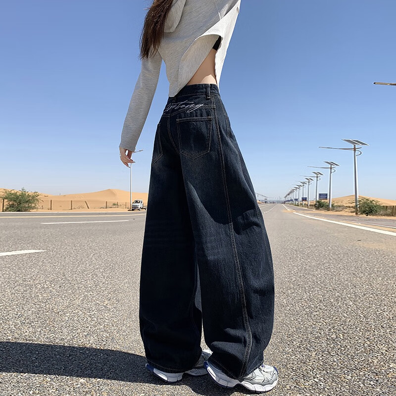 帅西欧美式复古直筒阔腿牛仔裤女2025秋季宽松高腰显瘦休闲长裤 蓝灰色 加长 2XL 【130斤-146斤】