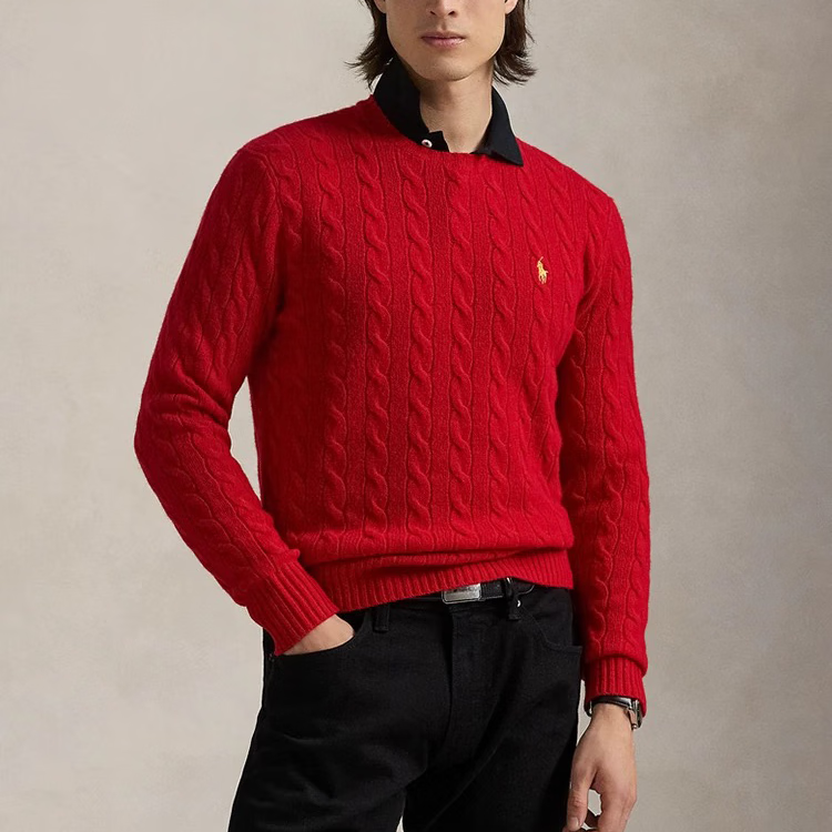 马标拉尔夫劳伦保罗美国拉夫保罗polo针织衫毛衣男士RL圆领套头羊毛衫麻花绞花老钱风 红色 M 120-140斤