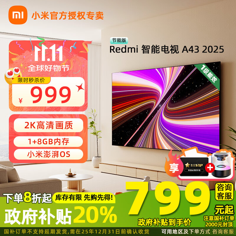 小米电视43英寸 REDMI A 43 2025节能版 金属全面屏 双扬立体声老人小尺寸家用彩电一级能效 L43RA-RAE 43英寸 【官方标配】+影视会员套装