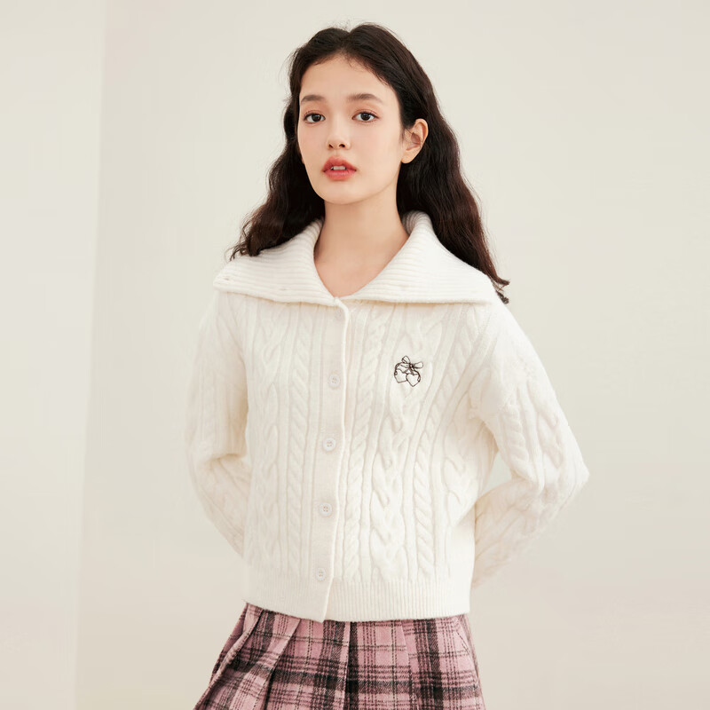 乐町大翻领线开衫立领两穿毛衣宽松外套 香草白（现货） S