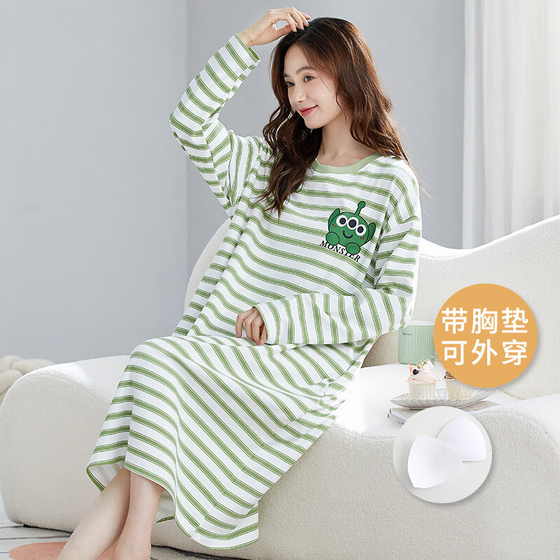 带胸垫长袖睡裙女士春秋季可爱纯棉草莓熊网红风学生春秋休闲睡衣 7005(带胸垫) L (90-115)