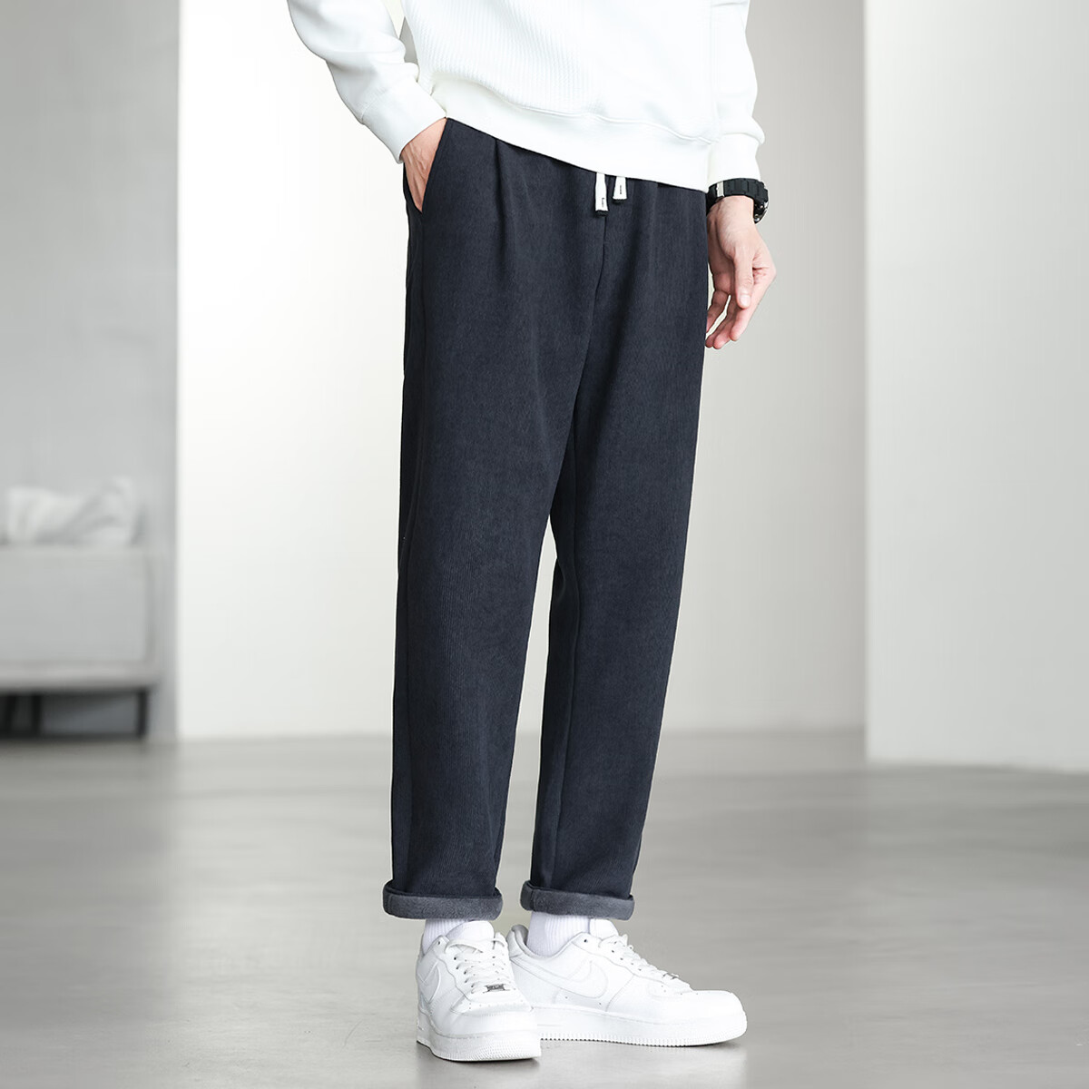 布衣传说【加绒加厚】重磅灯芯绒松紧腰抽绳柔软保暖运动小锥男式休闲裤 灰色 L