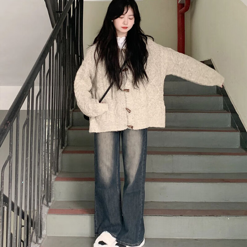翊尚美针织衫女秋冬新款2025年小个子软糯慵懒连帽毛衣宽松开衫百搭外套 燕麦色 【不缩水不易起球】 均码 【推荐80-140斤】