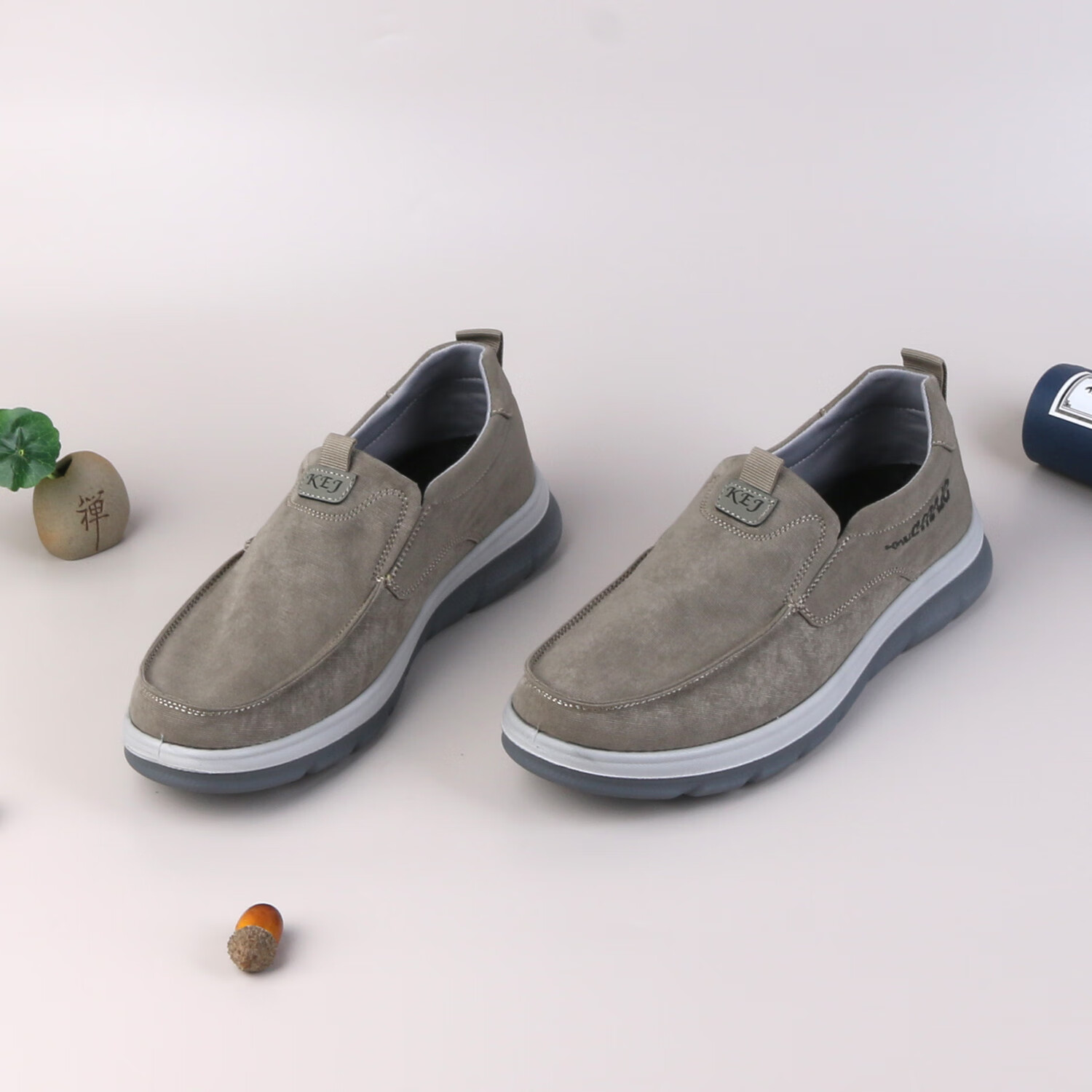 步瀛斋青中年透气休闲一脚蹬男士布鞋轻便软底防滑老北京布鞋男开车通勤 卡其 42