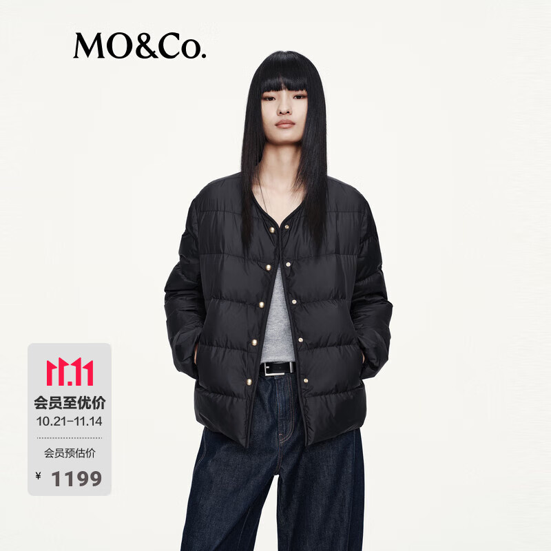 MO&amp;Co.羽绒服2025秋新品90鸭绒防风防水假两件拼卫衣连帽MBE3EINT07 黑色 S /160