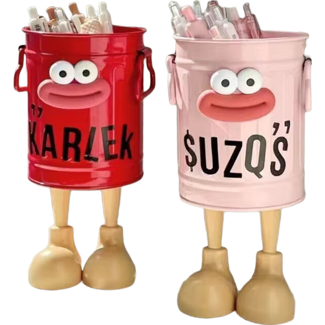 ins风美式复古笔筒卡通个性高颜值学生桌面办公室大容量可爱简约收纳桶 复古红+M字母贴纸