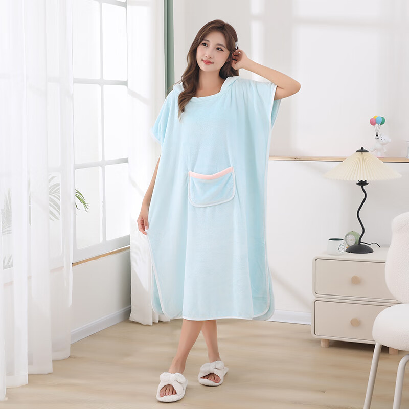 可穿式浴袍可爱成人家用长款速干吸水大码连帽学生洗澡游泳浴裙 蓝色浴裙 均码