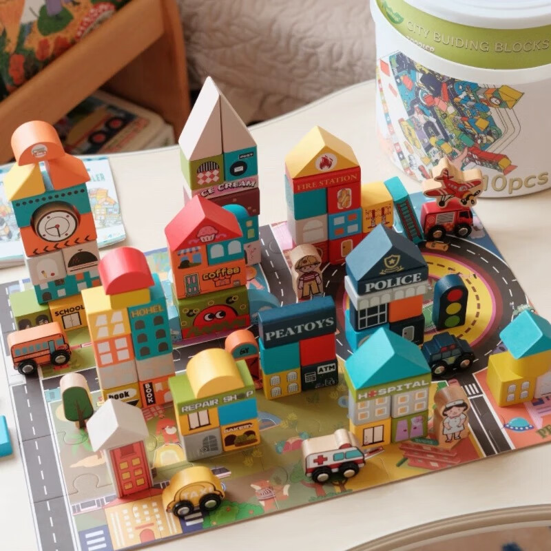 PEATOYS110粒大颗粒桶装纯实木带拼图城市主题积木婴幼儿早教玩具礼物 PEATOYS多巴城市积木