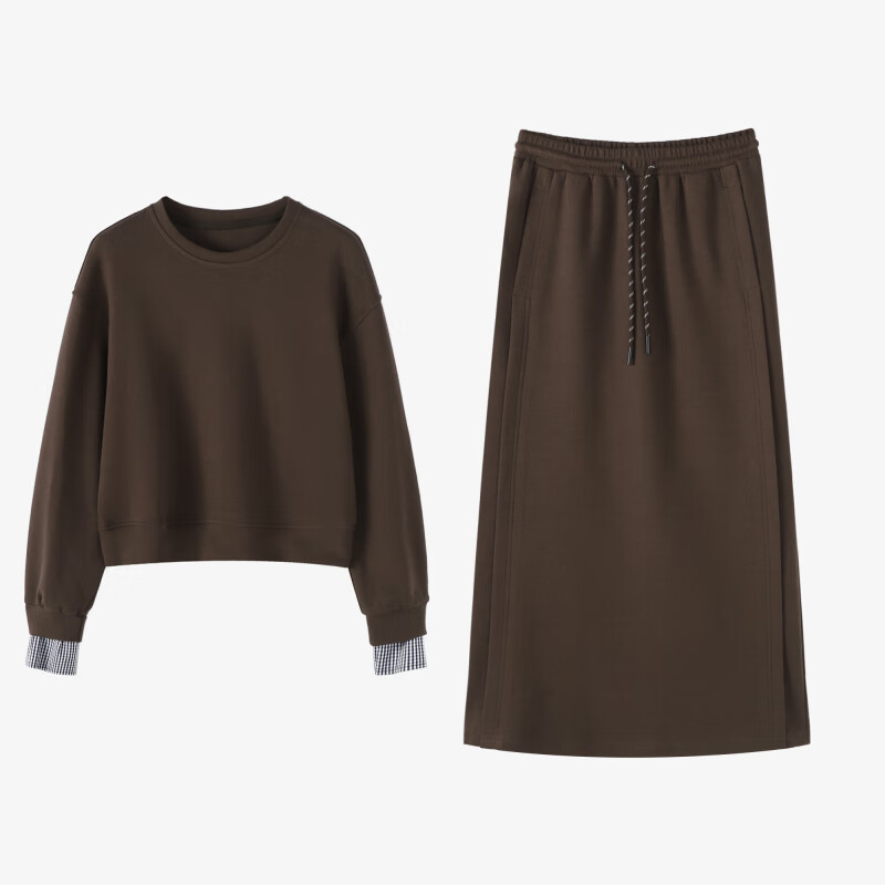 Basic House/百家好秋季休闲套装假两件拼接卫衣半身长裙子两件套 咖色 L B0624E5V522-KA