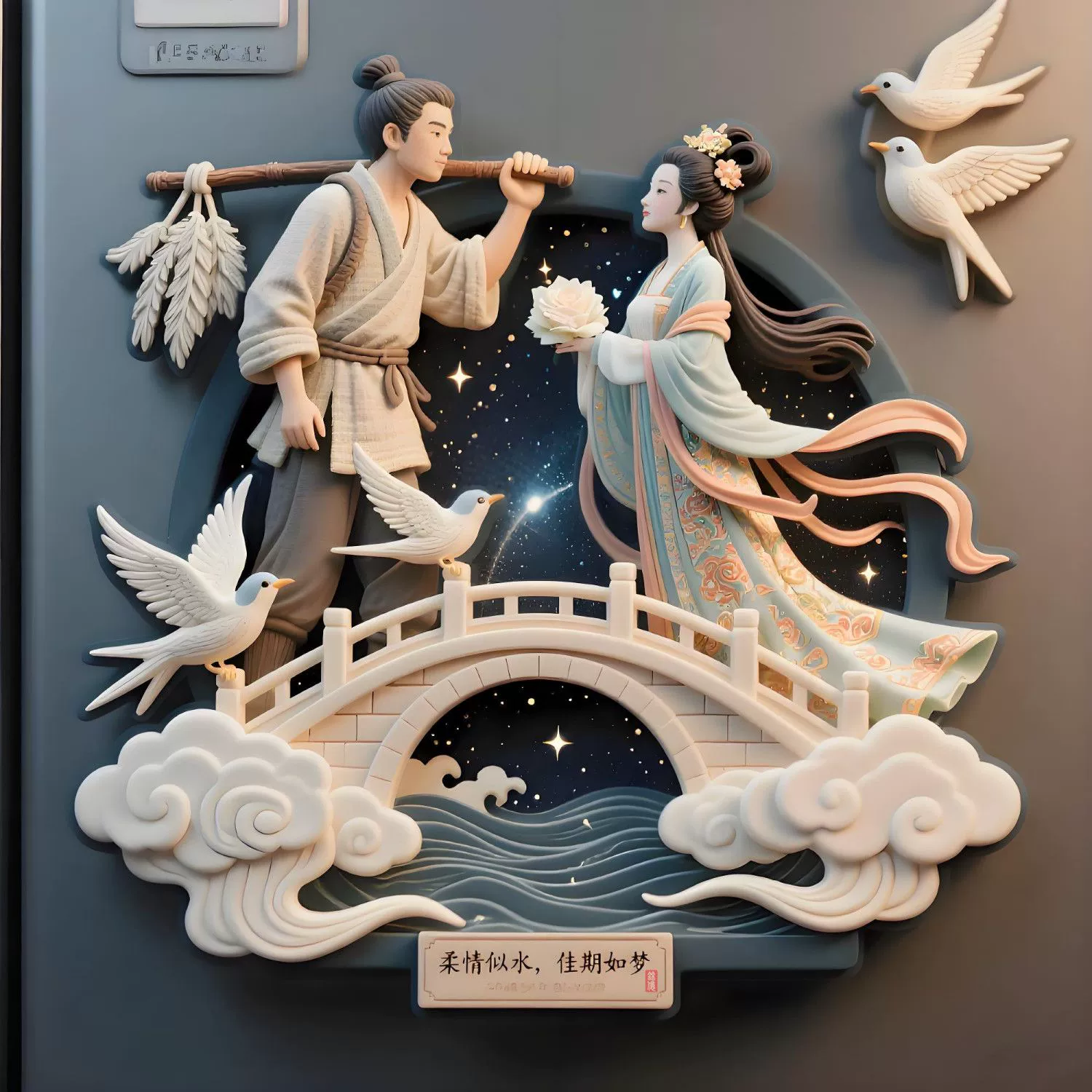 车适优牛郎织女七月七日喜鹊搭桥金属冰箱磁贴情人节文创纪念品七夕