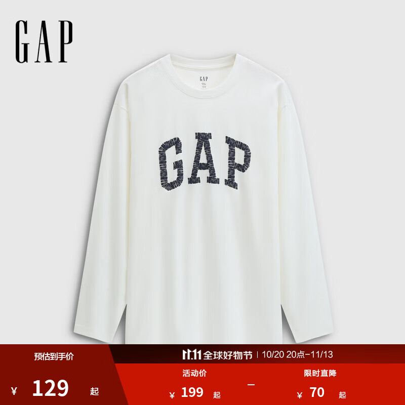 GAP男女装2025秋季新款logo纯棉宽松圆领长袖T恤休闲上衣 白色 XL (180/100A) 亚洲尺码