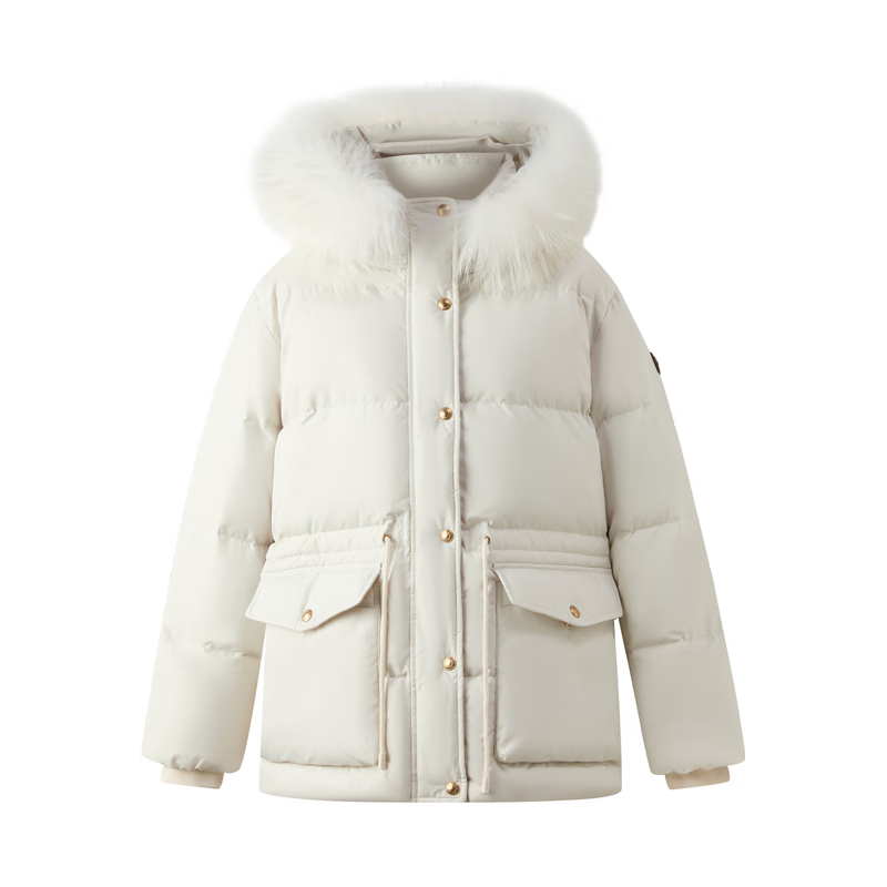 ELAND衣恋羽绒服女时尚毛领长袖大口袋保暖外套2025冬季新款 象牙白/白色(39)Ivory S /160