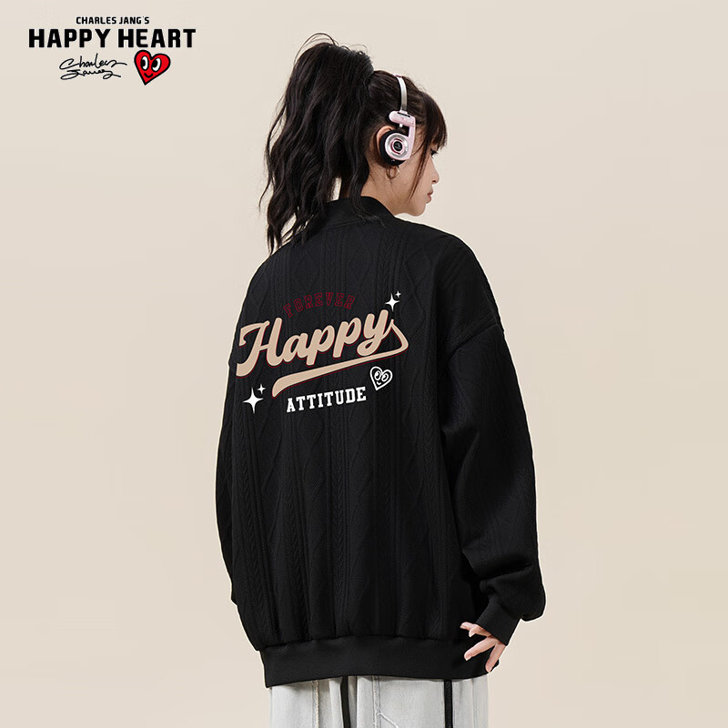 查爾斯桃心 運動戶外夾克男女同款春秋季潮流百搭刺繡棒球服復古印花 黑色 S