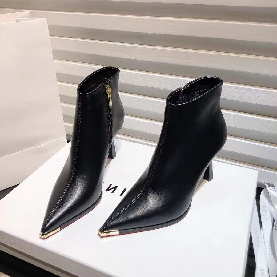 蓝晨语依欧美新款小众气质金属尖头高跟短靴女性感细跟裸靴百搭时装靴 黑色7厘米 35 (225mm)