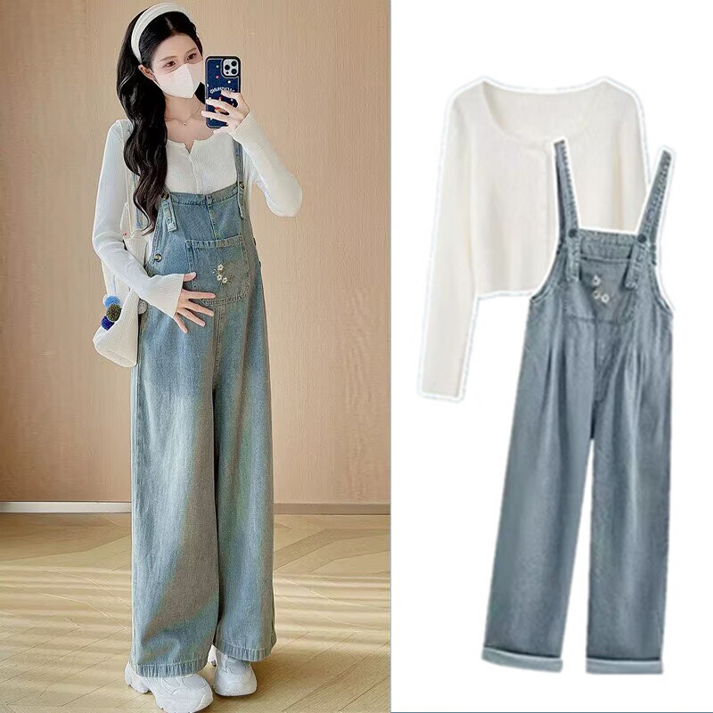 衣百壹孕婦裝背帶褲套裝春秋裝新款打底上衣+牛仔背帶褲連體褲兩件套 單件 背帶褲 XL