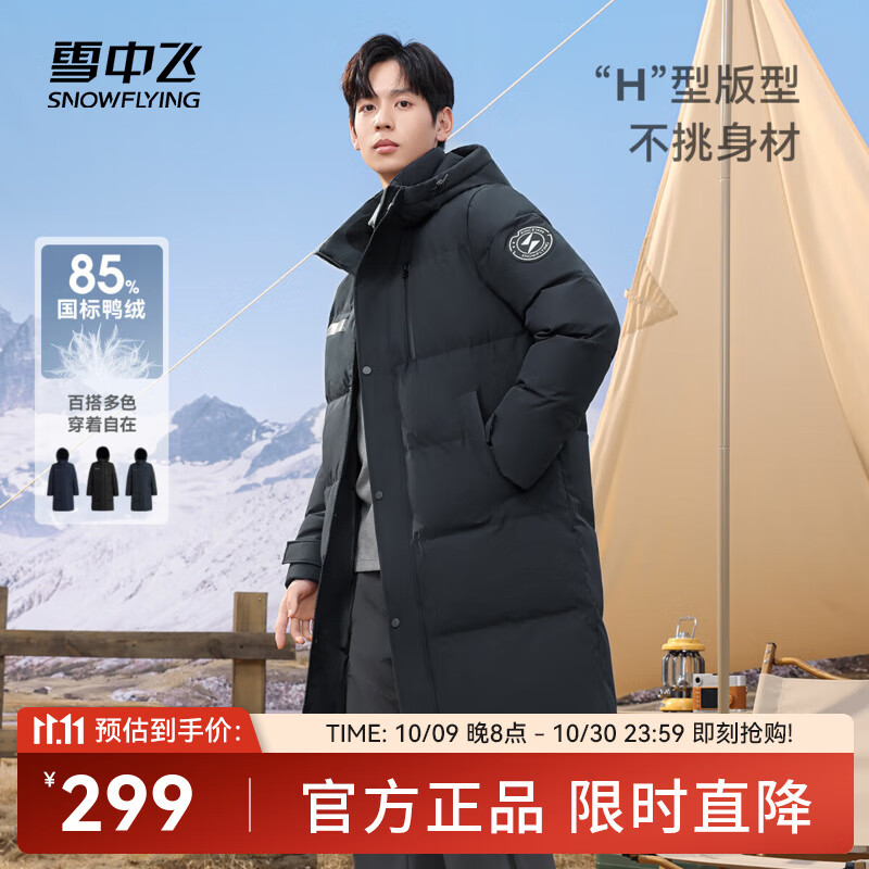 雪中飞秋冬新款时尚休闲舒适廓形男士“H”版型印花立领连帽羽绒服男 钢铁灰|8224 L 175/96A