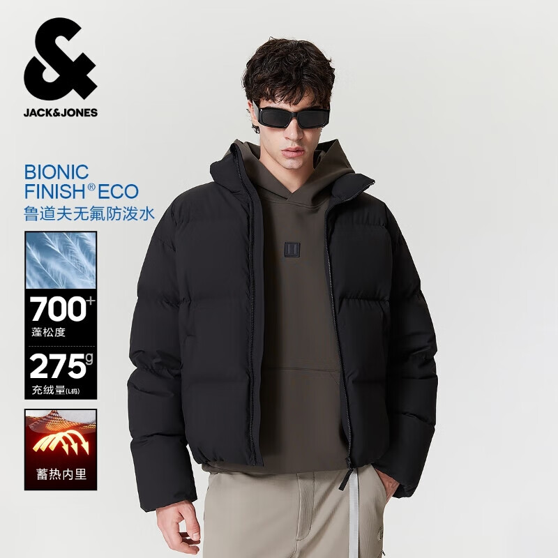 杰克·琼斯（JACK&amp;JONES）男装25年秋冬季羽绒服男士短款保暖加厚宽松无帽蓄热鸭绒外套 E43纯黑色 M （175）